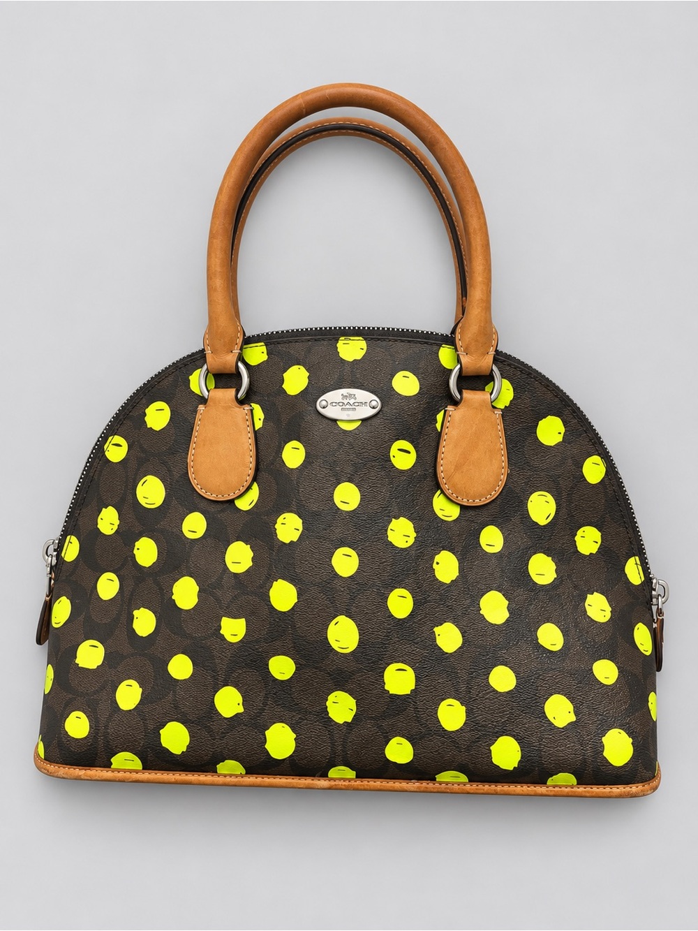 Coach Cora Dome Brown Leather Satchel with Yellow Dot Print - Picture 2 of 7